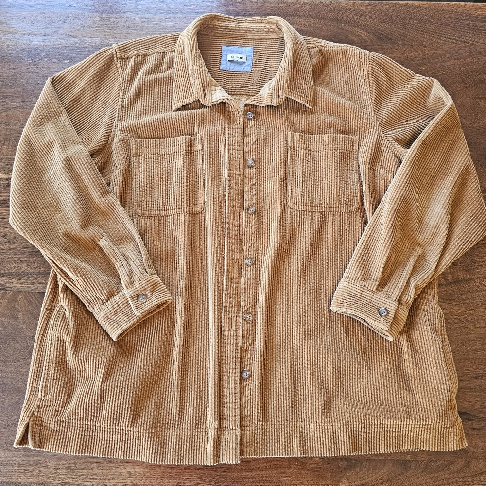 Women's LL Bean Brown Corduroy Button Front Shirt Jacket Shacket Size 2XL